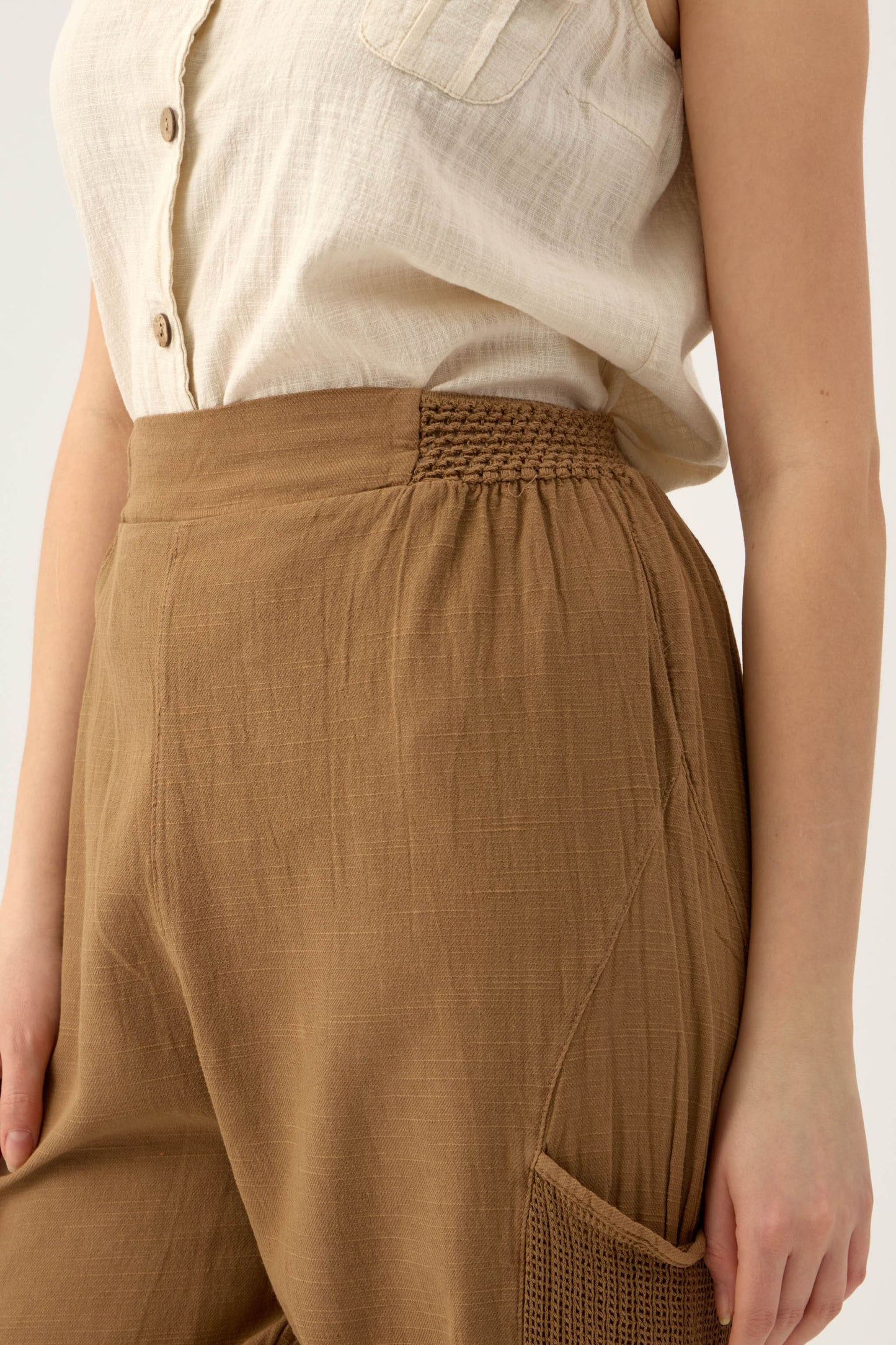 File Cepli Keten Pantolon - Kahve