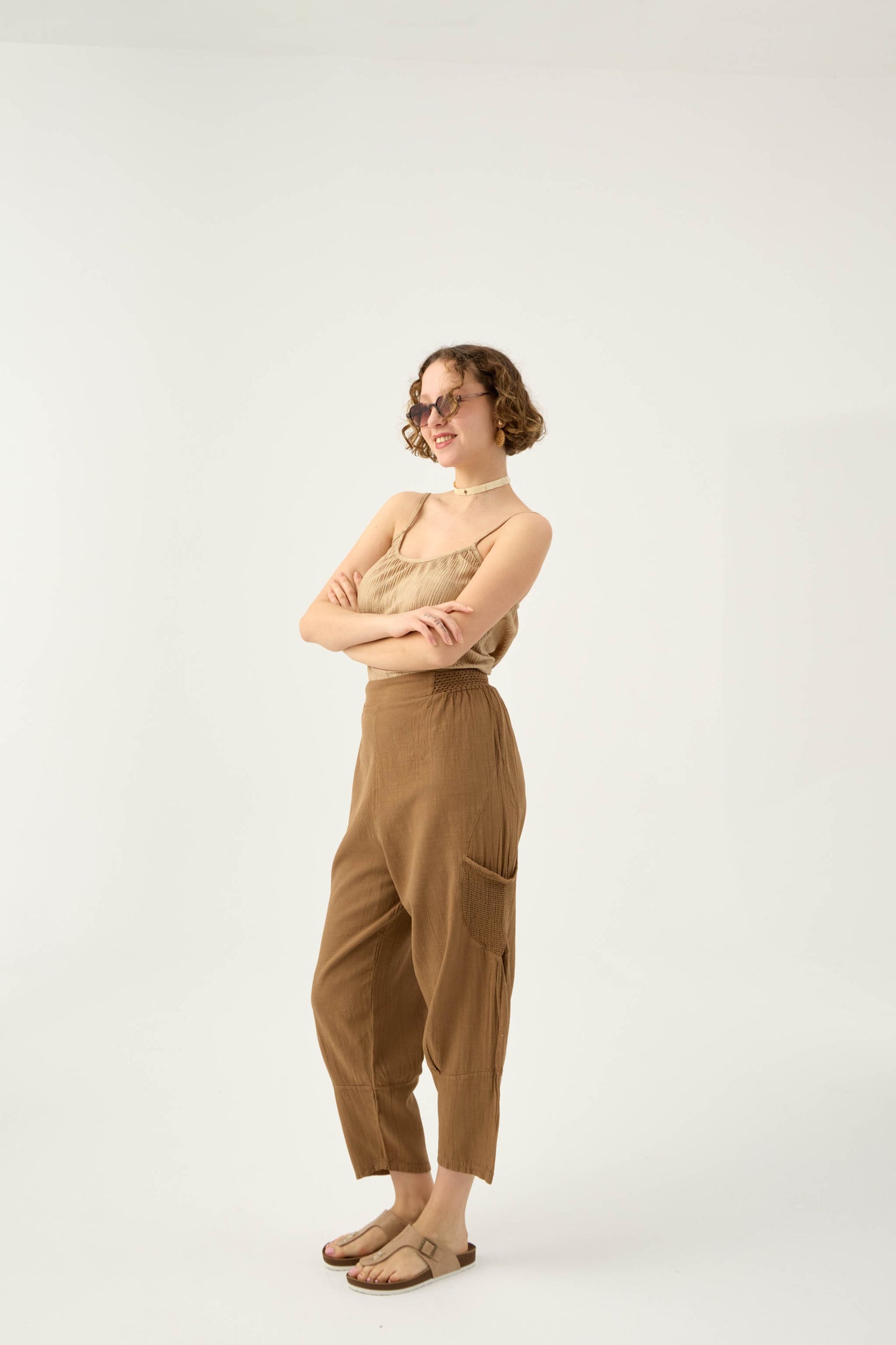 File Cepli Keten Pantolon - Kahve